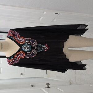 Boho Embellished Sheer Black Tunic Top – Vibrant Embroidery & Rhinestone Detail